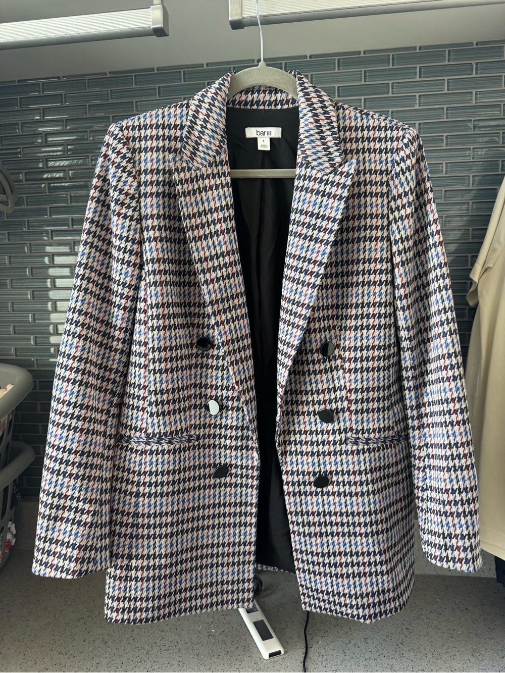 Bar III Black, White & Blue Houndstooth Double-Breasted Blazer